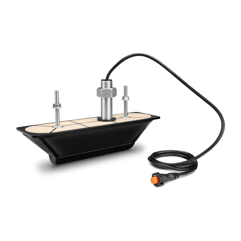 Garmin GT30-TH transducer with mounting hardware and orange 12-pin connector cable