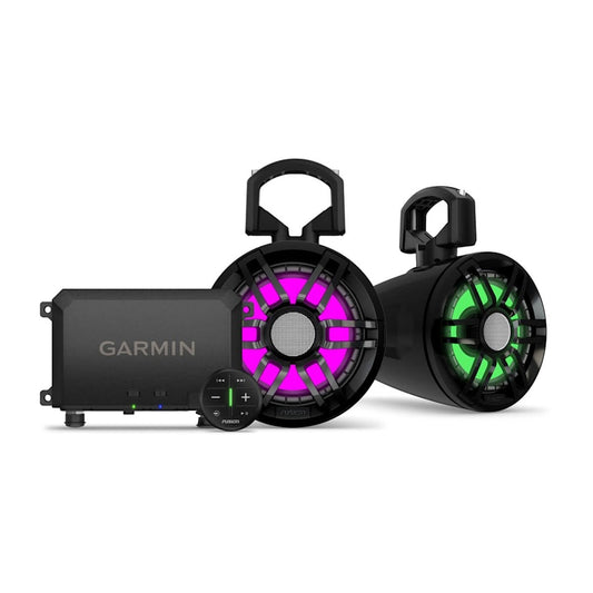 Garmin Tread Audio System with two LED-ring transducers featuring purple and green LEDs