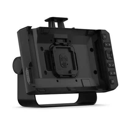 Garmin Tread XL Dock GPS mount in black with mounting bracket and rear connector port.