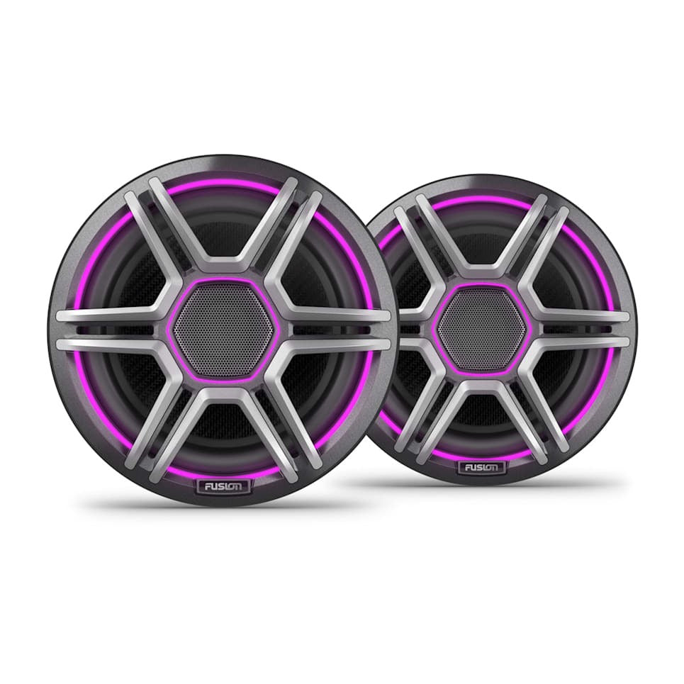 Fusion Apollo 7.7in marine speakers with purple LED ring and sports grey grilles, pair.