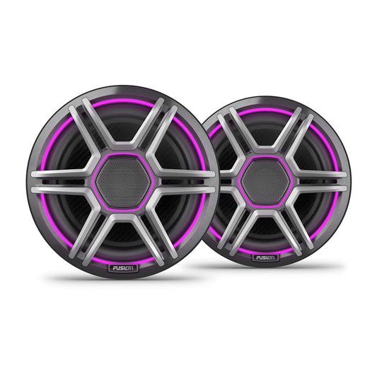Fusion Apollo 7.7in marine speakers with purple LED ring and sports grey grilles, pair.