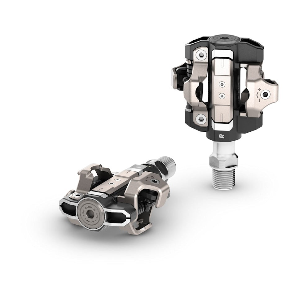 Garmin Rally XC110 single-sensing power meter pedals, two units in silver and black