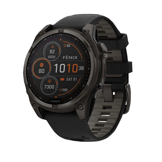 Garmin Fenix 8, 47 mm, Solar Sapphire, Carbon Gray DLC Titanium with Black/Pebble Gray Silicone Band (010-02906-10) by Garmin