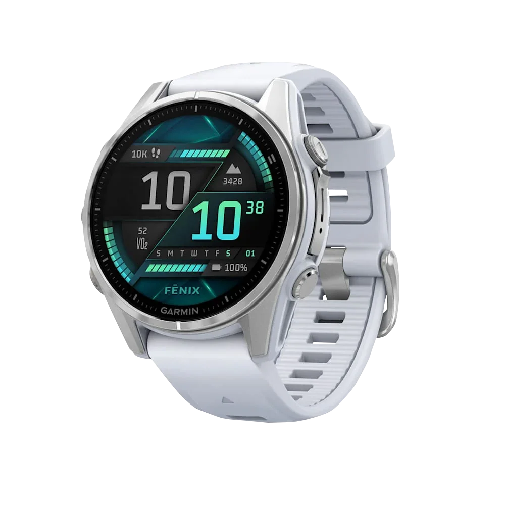 Garmin Fenix 8 smartwatch, 43mm silver case with Whitestone silicone band and AMOLED display