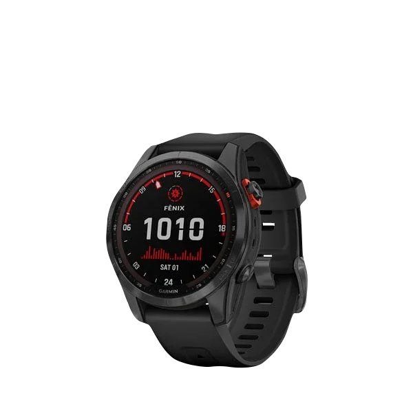 Garmin Fenix 7S Solar smartwatch with slate gray face and black band, refurbished