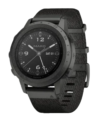 Garmin MARQ Commander men's luxury GPS smartwatch, certified refurbished, dark metal case with fabric strap