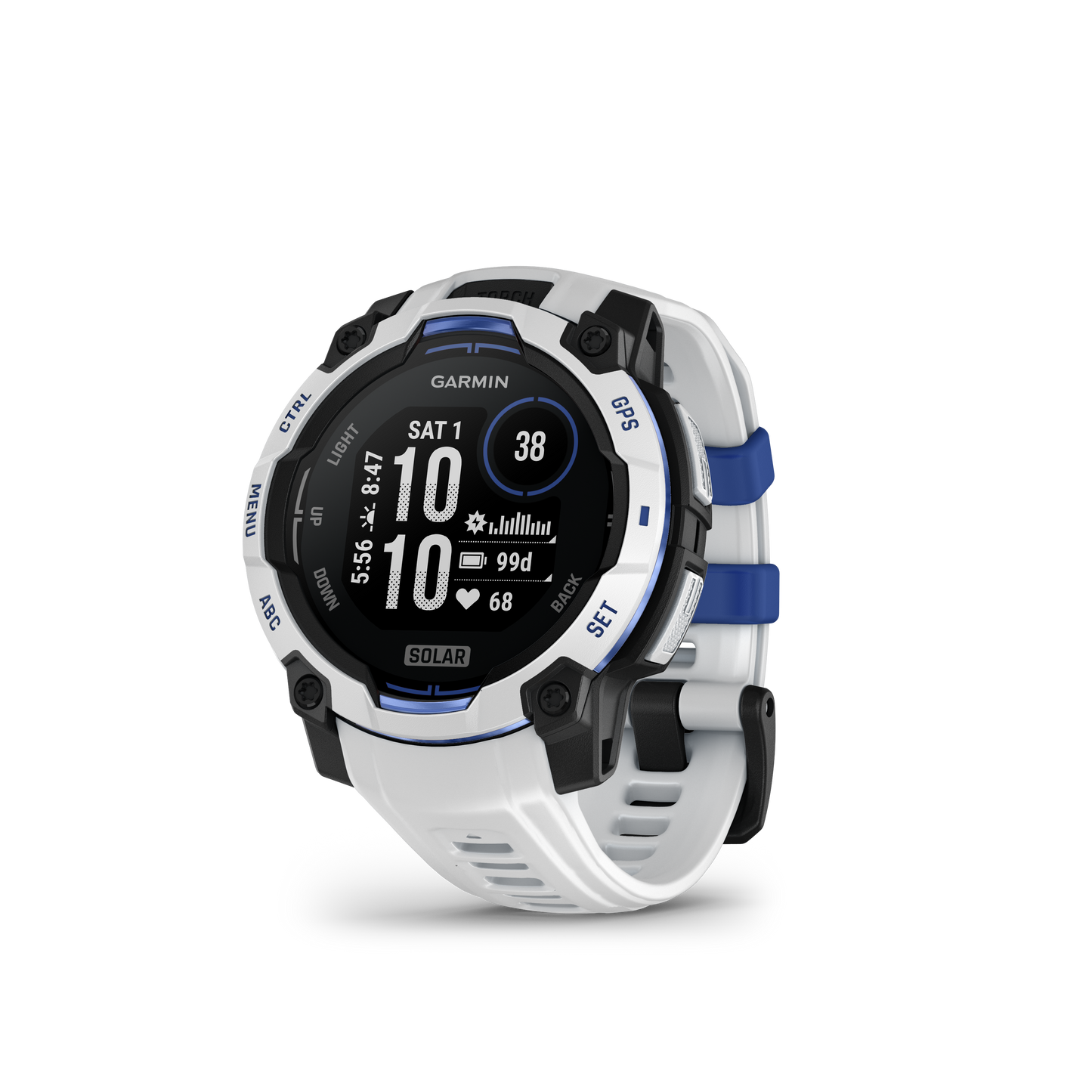 Garmin Instinct 3, (45mm), Solar, Whitestone with Whitestone/Bolt Blue Band (010-02934-03)