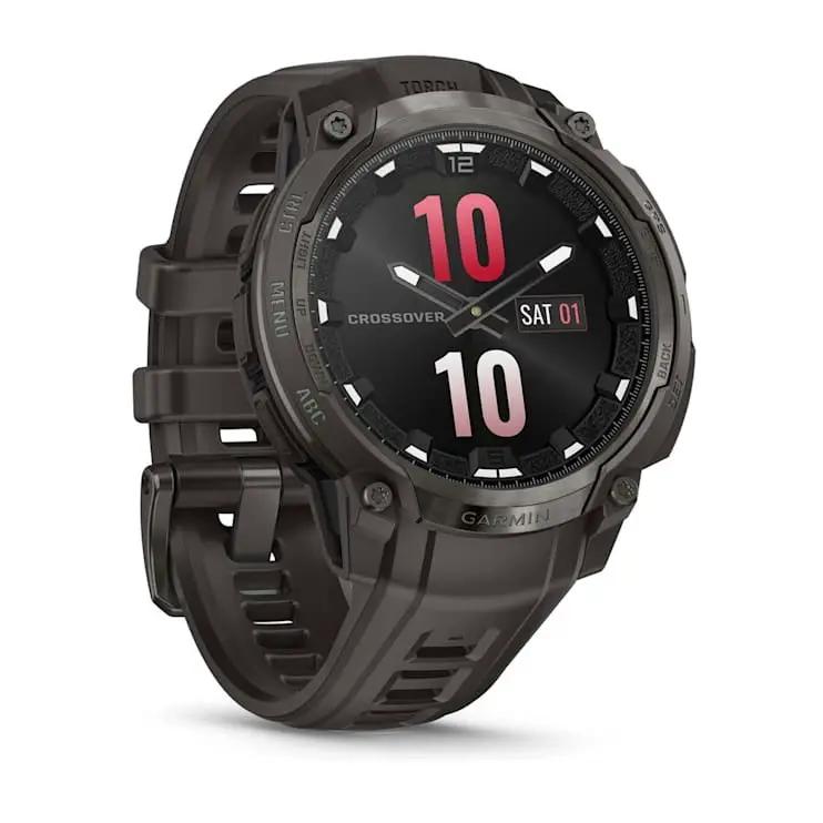 Garmin Instinct Crossover AMOLED smartwatch in dark gray with rugged silicone strap.