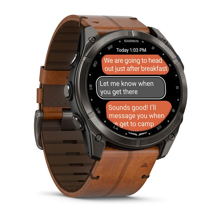 Garmin D2 Mach 2 Pro smartwatch with carbon gray DLC titanium case and chestnut leather band