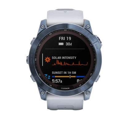 Garmin Fenix 7X Sapphire Solar smartwatch, mineral blue titanium case with Whitestone band, certified refurbished