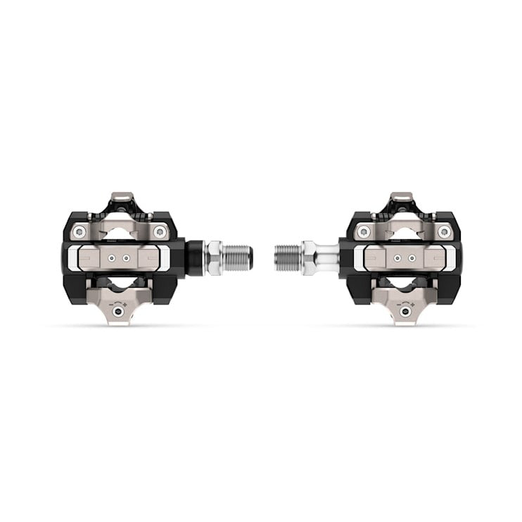 Garmin Rally XC110 single-sensing power meter pedals, black and silver pair