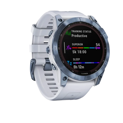 Garmin Fenix 7X Sapphire Solar smartwatch with white Whitestone band and titanium bezel, certified refurbished