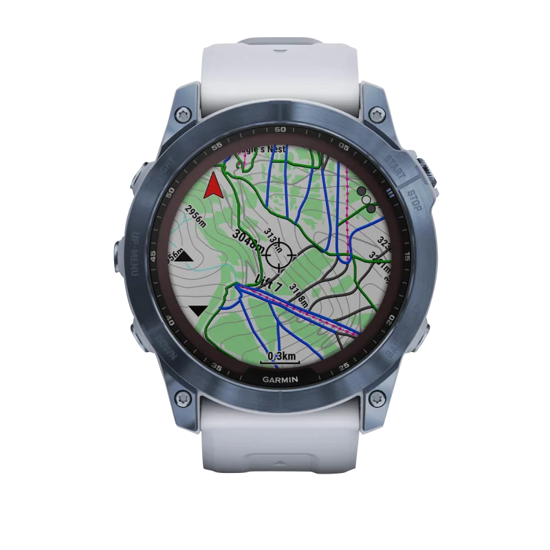 Garmin Fenix 7X Sapphire Solar smartwatch with mineral blue titanium case and Whitestone band, refurbished.