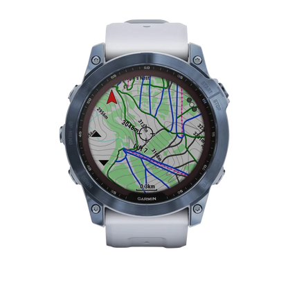 Garmin Fenix 7X Sapphire Solar smartwatch with mineral blue titanium case and Whitestone band, refurbished.