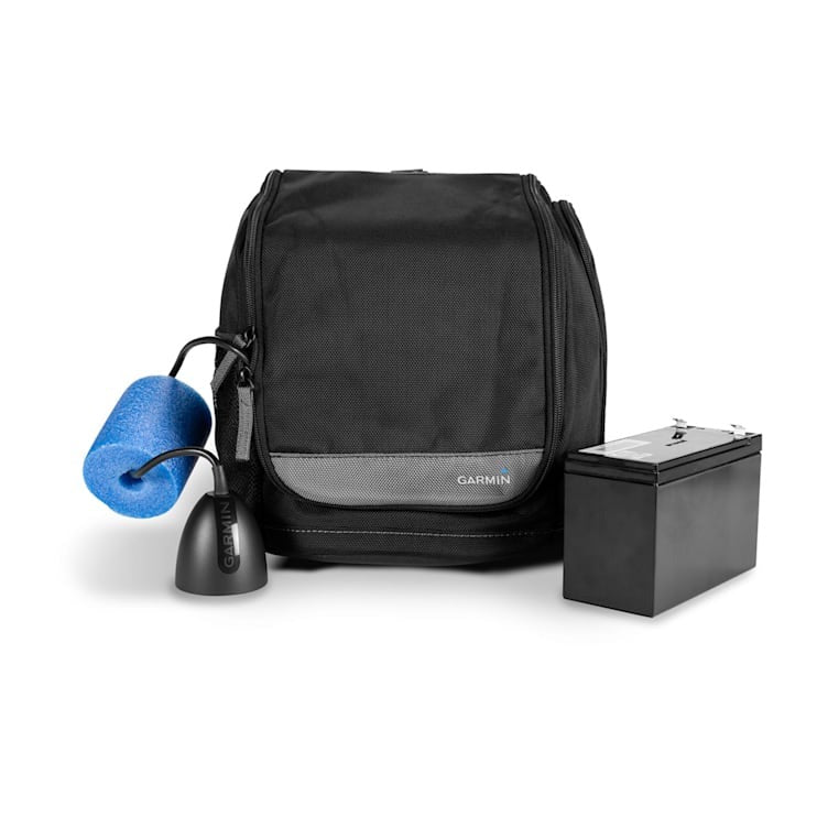Garmin ECHOMAP UHD2 7-inch Ice Fishing Bundle components: black carrying bag, blue foam float, and black battery pack