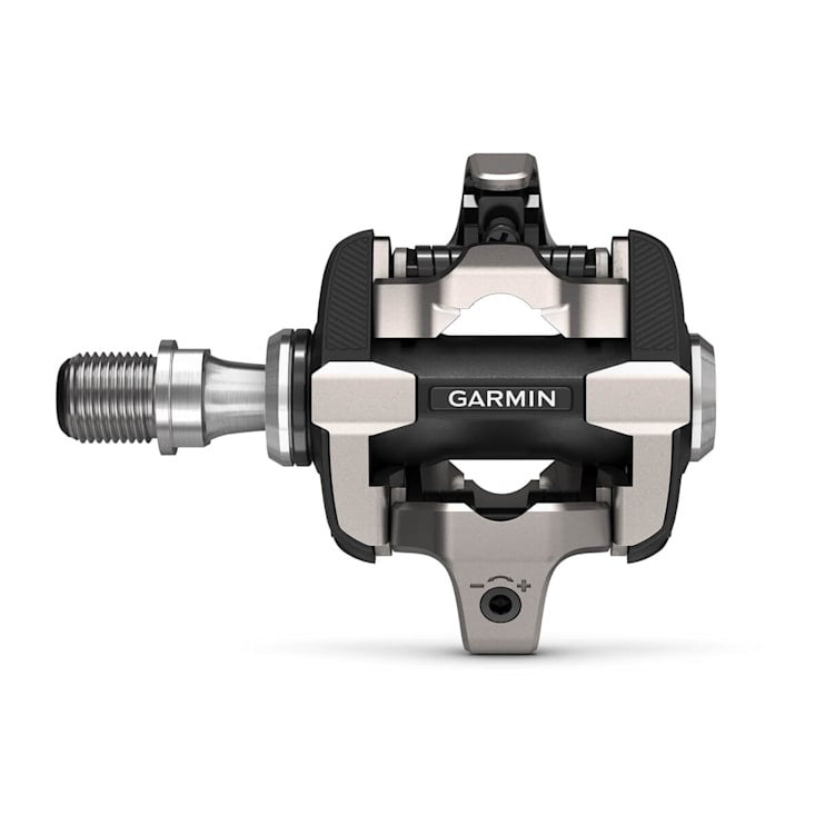 Garmin Rally XC200 dual-sensing power meter pedal, black and silver aluminum body.