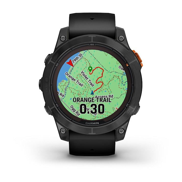 Garmin fēnix 7 Pro Solar smartwatch with slate gray case and black band displaying a map