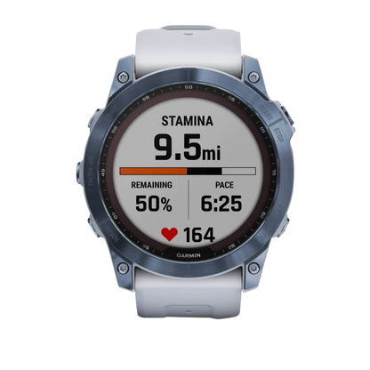 Garmin Fenix 7X Sapphire Solar smartwatch, Mineral Blue titanium with Whitestone band, Garmin Certified Refurbished.