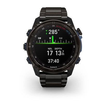 Garmin Descent Mk3i watch, 51 mm carbon grey DLC titanium case with a DLC titanium band, Garmin branding