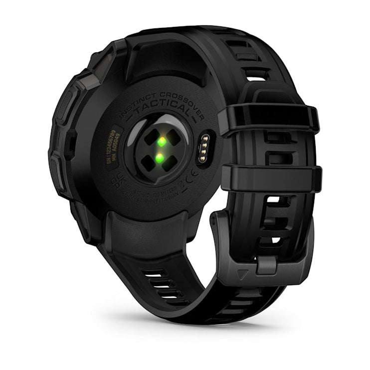 Garmin Instinct Crossover AMOLED Tactical Edition smartwatch with black rugged strap and visible sensor/charging area