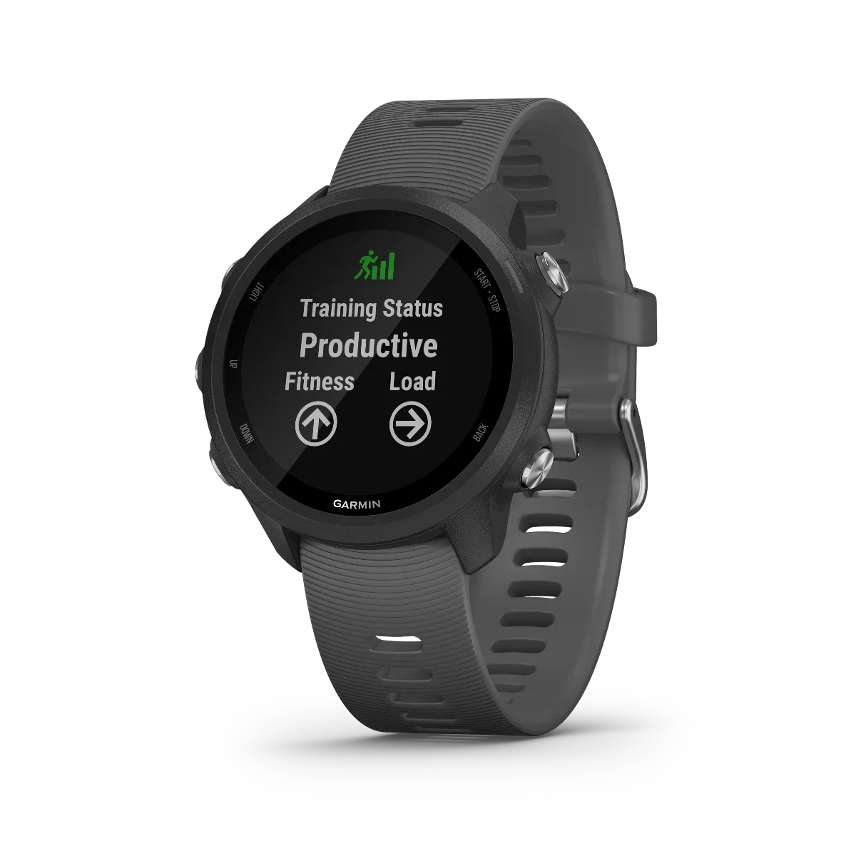 Garmin Forerunner 245 smartwatch, slate case with gray silicone strap, GPS fitness watch for runners, Garmin brand