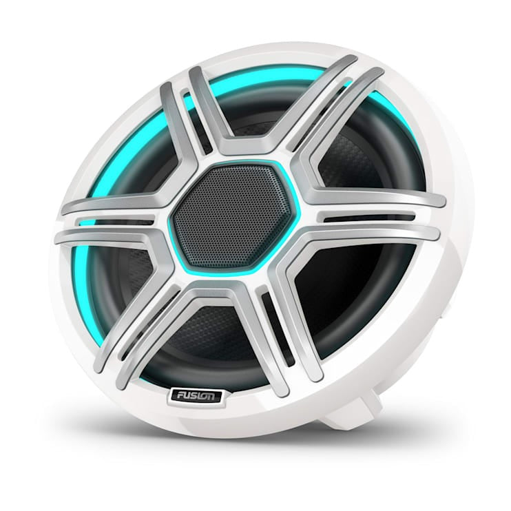 Garmin Fusion Apollo 8.8-inch LED marine speaker with white sports grille.