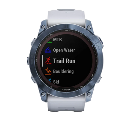 Garmin Fenix 7X smartwatch, Sapphire Solar, Mineral Blue Titanium with Whitestone Band, refurbished