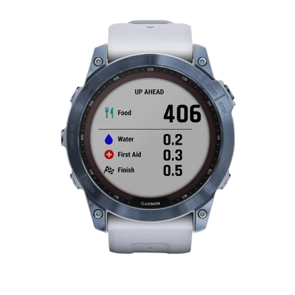 Garmin Fenix 7X Sapphire Solar smartwatch with Mineral Blue titanium bezel and Whitestone white band (refurbished)
