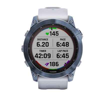 Garmin Fenix 7X Sapphire Solar smartwatch with Mineral Blue Titanium bezel and white Whitestone band, refurbished