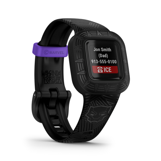 Garmin vívofit jr. 3 Marvel Black Panther smartwatch with black band and purple Marvel strap accent