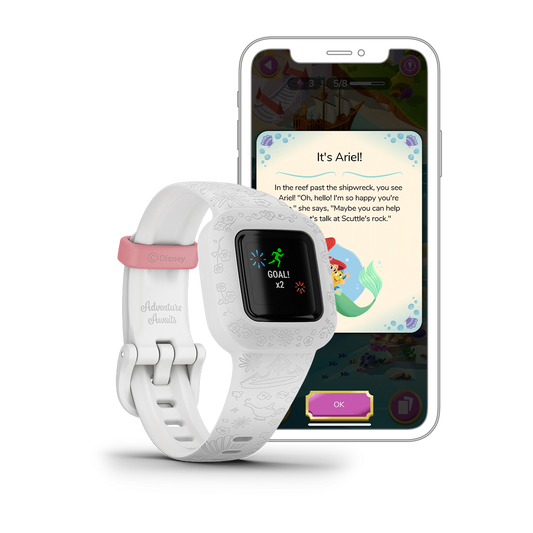 Garmin vívofit jr. 3 Disney Princess smartwatch with white floral-patterned band
