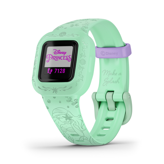 Garmin Vivofit jr 3 Disney Princess smartwatch, mint green with purple band, display shows 7128 steps